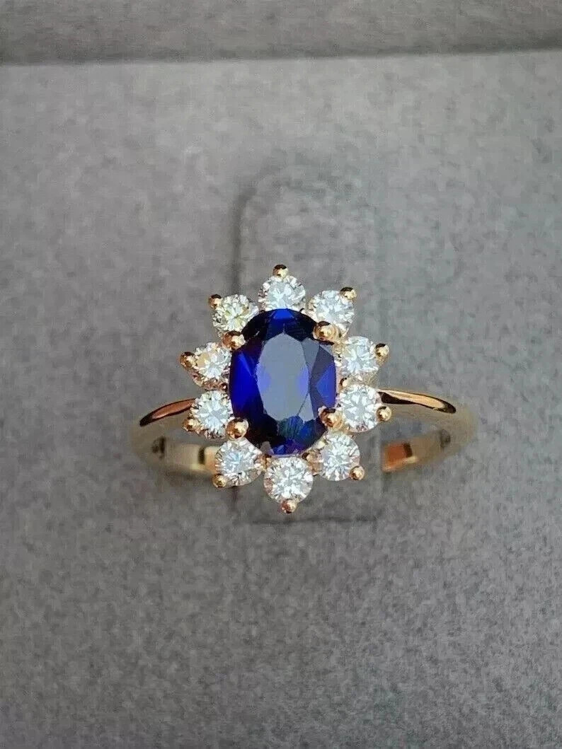 2.75 Ct Oval Cut Blue Sapphire Engagement Ring 14K Yellow Gold