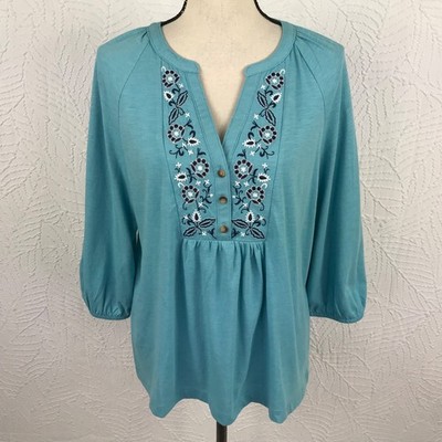 Croft & Barrow Embroidered Tunic Top Shirt Size M Aqua Blue Cotton Blend Knit