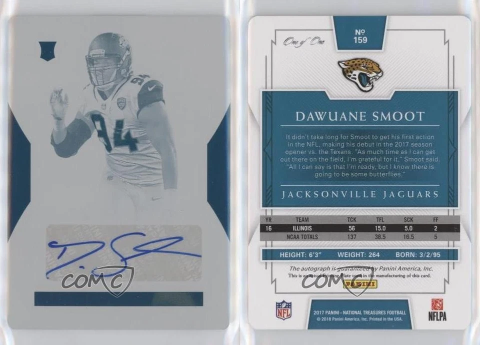 2017 National Treasures Printing Plate Cyan 1/1 Dawuane Smoot Rookie Auto RC z0q - Image 3 of 3