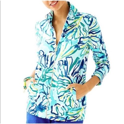 Lilly Pulitzer, Reagan Full-Zip Jacket, Pool Blue Green Stay Cool Cotton Spandex