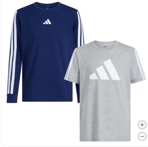 Adidas Boys Girls T-Shirts Blue Gray 2-Pack Crewneck Kids Unisex Cotton Jersey - Picture 4 of 7
