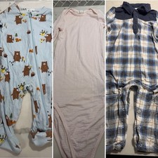 Angel Dear Lot Of 3 Bamboo Pajamas Sz 0-18 Mos Bodysuit Bear Gingham Stripe