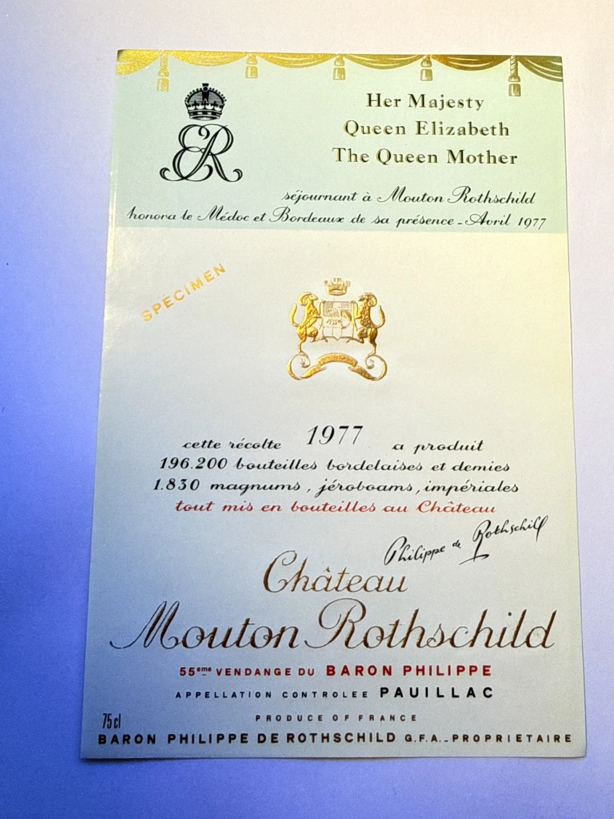 Étiquette De Vin Château Mouton Rotschild Spécimen 1977