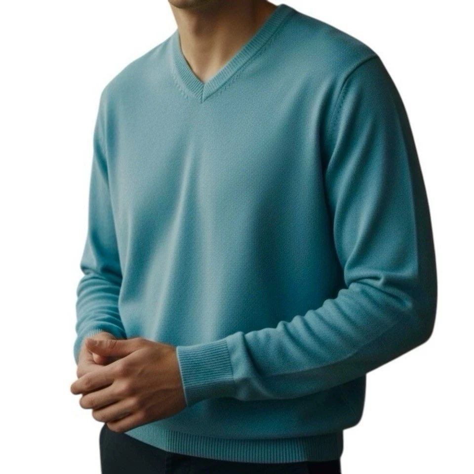 Thomas Dean Sweater 100% Merino Wool Teal V-Neck Size XL
