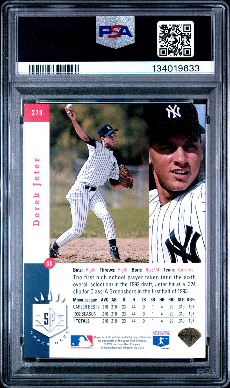 1993 SP FOIL #279 DEREK JETER ROOKIE RC PSA 5 view 2