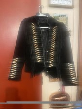 Women Native American Fringe Western Suede Leather Jacket Bone Beads Vintage