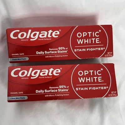 2 Pack Colgate Optic White Stain Fighter Clean Mint Toothpaste - 6oz, Exp: 9/27