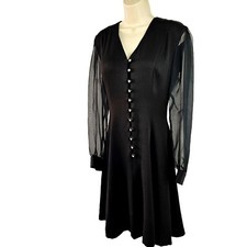 Positively Ellen Retro Little Black Dress Sz 6 VNeck Rhinestone Button Front 70s