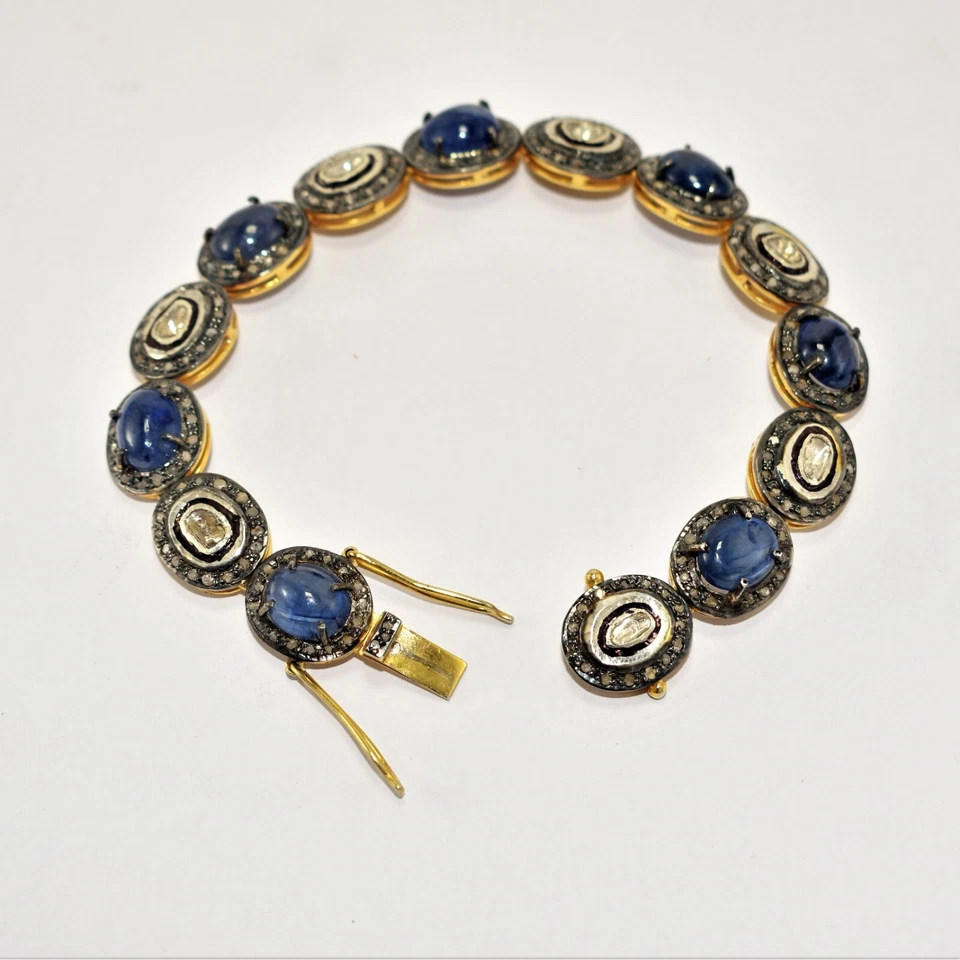 Polki Pave Diamond Bracelet, Sapphire Braceley,925 Sterling Silver, Gold Plated - Image 3 of 4