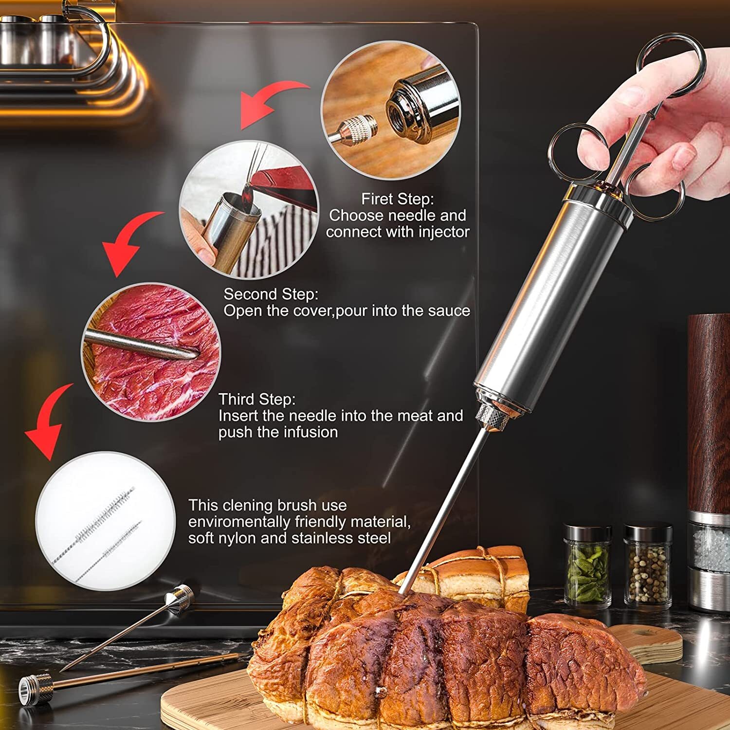 Fleischspritze Marinadenspritze BBQ Bratenspritze Edelstahl Pork Gewürzspritze