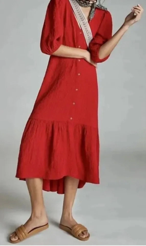 Vestido Midi Maeve Anthropologie Scarletta Vermelho Seersucker Boho Abotoado XXSP Pequeno - Imagem 2 de 4