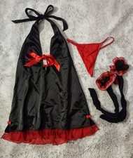 Frederick's Of Hollywood Set: Red/Black Satin Teddy  Thong  Fishnet Stockings