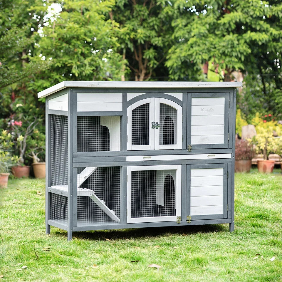 PawHut Two-Tier Wooden Rabbit Hutch with Openable Roof Slide-Out Tray Ramp