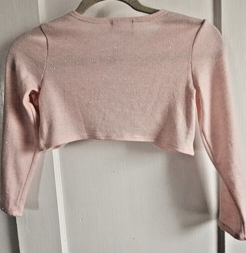 RARE EDITIONS GIRLS Pink KNIT SHRUG sweater pink metallic with one button Sz 7 - Picture 2 of 6