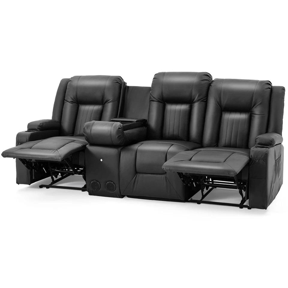 Recliner Sofa Manual RV Reclining Couch PU Home Theater Seating w/ Console USB - Image 3 of 4