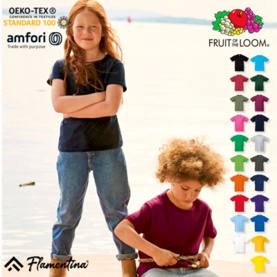 Kids Plain T-Shirt Fruit Of The Loom Original Cotton Top Boys Girls Tee 3-15