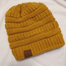 C.C. Exclusives Knit Pony Tail Beanie Stocking Cap Gold With Fall Colors 9"x17"