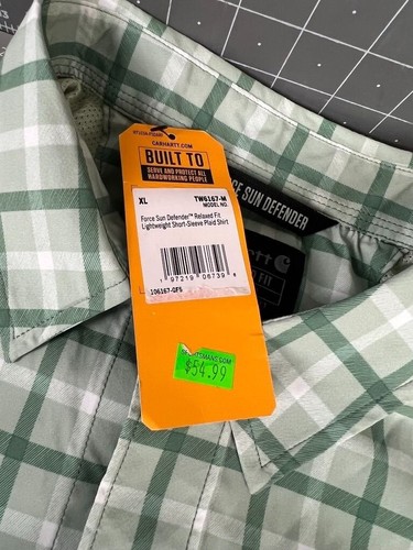Carhartt Men's Force Sun Defender Rugged Flex Plaid Short Sleeve Shirt Green XL - Picture 5 of 9