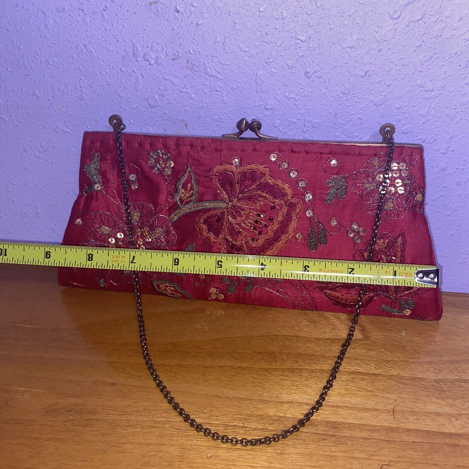 RED SEED BEADED BAG PURSE Floral Evening Chain ST… - image 8