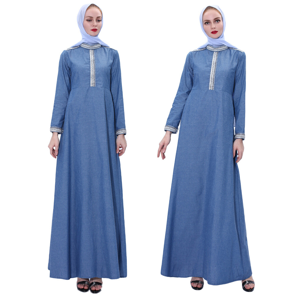 2021 Spring Muslim Women Long Maxi Dress Abaya Robes Denim Kaftan Arab Dress