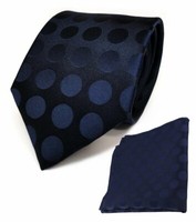 Tigertie Seidenkrawatte + Einstecktuch In Blau Schwarzblau Dunkelblau Gepunktet