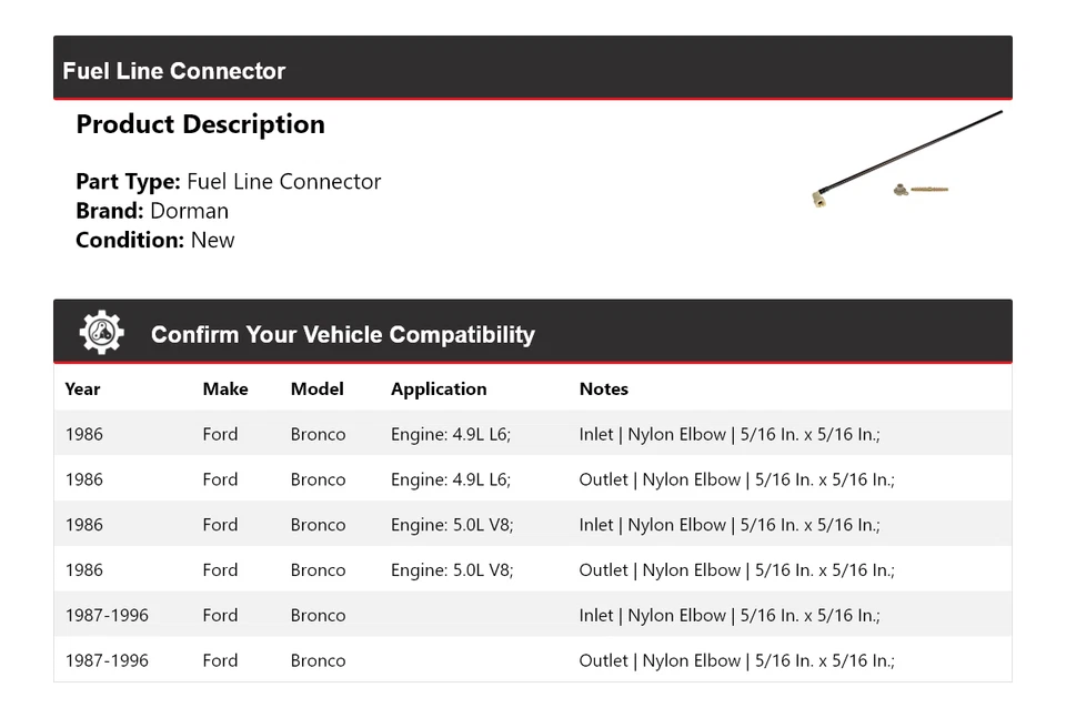 Conector de línea de combustible para Ford Bronco Dorman 1986-1996 1987 1988 1989 1990 1991 Foto 2 de 4