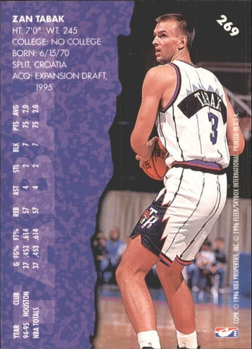 1995-96 Fleer # 269 Zan Tabak Toronto Raptors Basketball Card MINT condition - Image 2 of 2