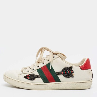 Gucci Ace Size 35 White Leather and Python Embossed Web Arrow Crystal