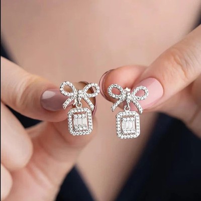 2Ct Round Cut Lab-Created Diamond Bow Dangle Earrings In 14K White Gold Plated