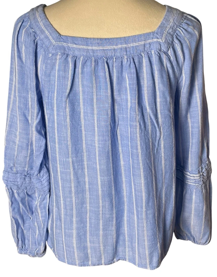 LC Lauren Conrad Top 女式 M 蓝色条纹农民长袖波西米亚 Y2K 荷叶边 — 第 2/4 张图片