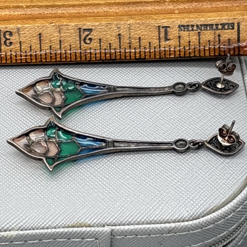Sterling Silver French Stained Glass Dangle Earrings Hand Painted Marcasite - Picture 10 of 10