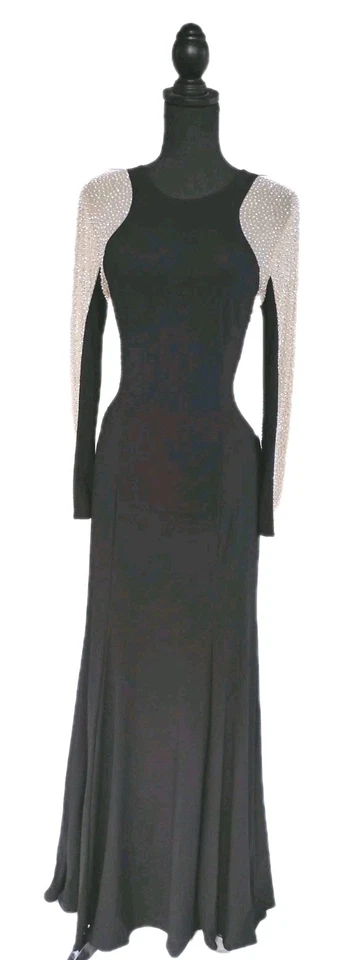 Vestido Xscape 10 preto bege nude noite rabo de peixe maxi formal malha vestido frisado M - Imagem 2 de 4