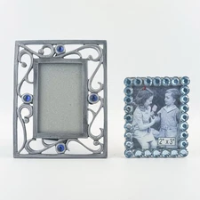 Set of 2 Small Metal Mini Picture Frames | Silver Scrollwork & Blue Rhinestone