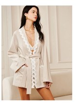 Women  s Linen Blend Wave Trim Belted Blazer Jacket Khaki Beige Size Large