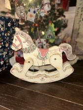Vintage Hand Carved Wooden Rocking Horse Figurine Folk Art Painting Floral Heart