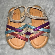 Toddler Girl Sandals Sz 7 Multicolor Glitter Strappy Flat Leather Hook Loop
