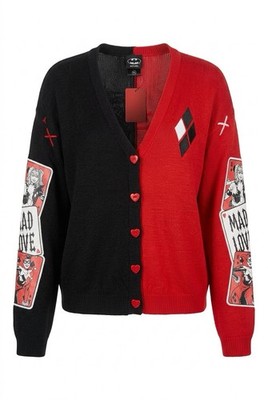 Harley Quinn Cardigan Sweater Medium Red Black DC Comics Hot Topic NWT