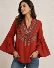 Scully Womens XL Rust Orange Embroidered Tiered Bell Sleeve Boho Peasant Top