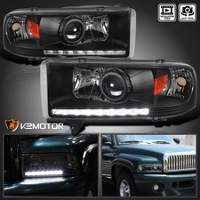 Black Fits 1994-2001 Dodge Ram 1500 2500 3500 Led Strip Projector Headlights Lr