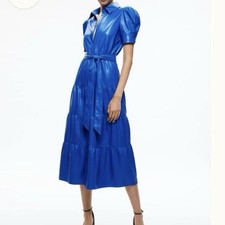 Alice + Olivia Miranda Vegan Leather Tiered Midi Dress Sapphire Blue Puff Sl 4