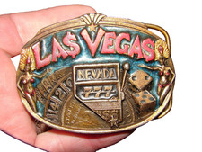 Vintage Las Vegas Nevada Casino Advertising Brass Belt Buckle 1984 Nice Graphics