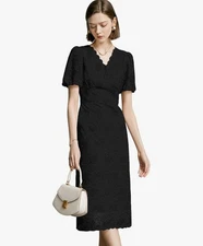 CyperRiver size M NWT Black Lace Midi Party Dress Short Sleeve VNeck 