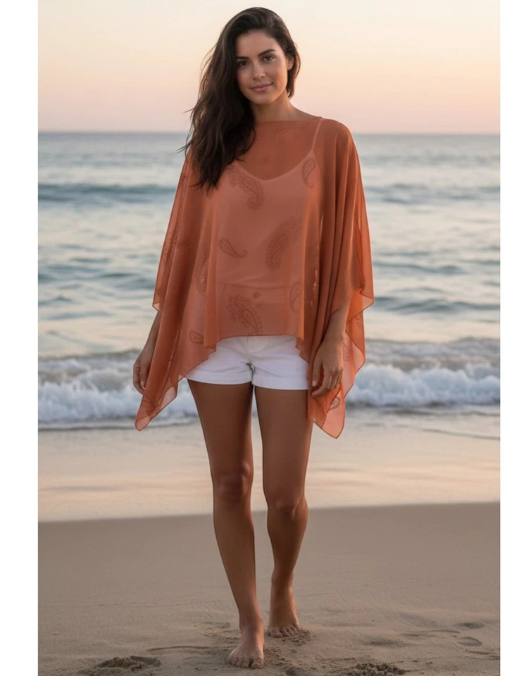 Womens Orange Rust Embroidered Poncho Kaftan Top Ladies One Size Plus Size - Image 4 of 4