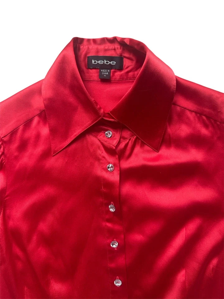 Sexy Blusa Bebe Roja de Seda con Botones Mangas Abullonadas Mediana Elastizada Pinup Retro Glamour Foto 2 de 4