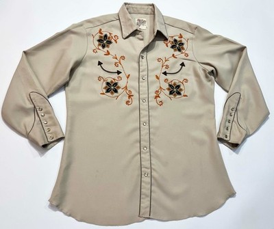 Vintage H Bar C Western Cowboy Floral Embroidered Snap Button Shirt Mens L USA