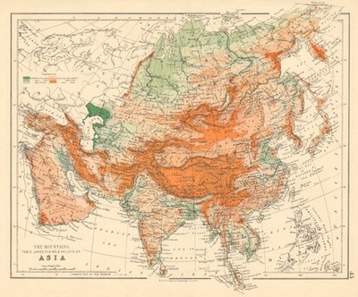 ASIEN PHYSISCH Relief Berghöhen Ozean Tiefen Flüsse JOHNSTON 1892 Karte