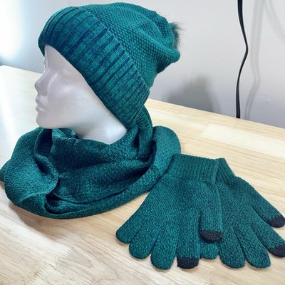 Green 3-Piece Winter Hat Glove & Scarf Set, One Size, Cute Winter Fashion