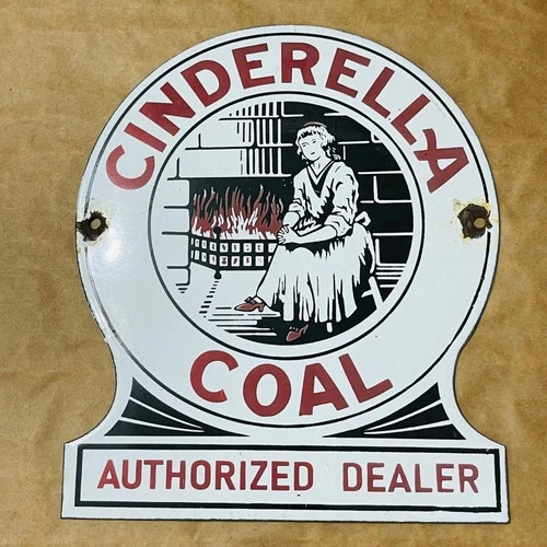 Vintage CINDERELLA COAL Authorised Dealer Porcelain Enamel Sign 9" x 8" Inch