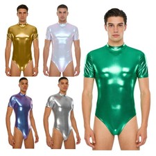 Men's One-piece Jumpsuit Metallic Shiny Mock Neck Dance Leotard Clubwear Alien