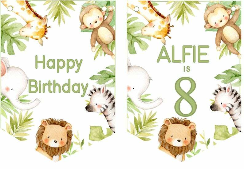 Safari Jungle Birthday Bunting,Personalised Childrens Birthday Party Banner